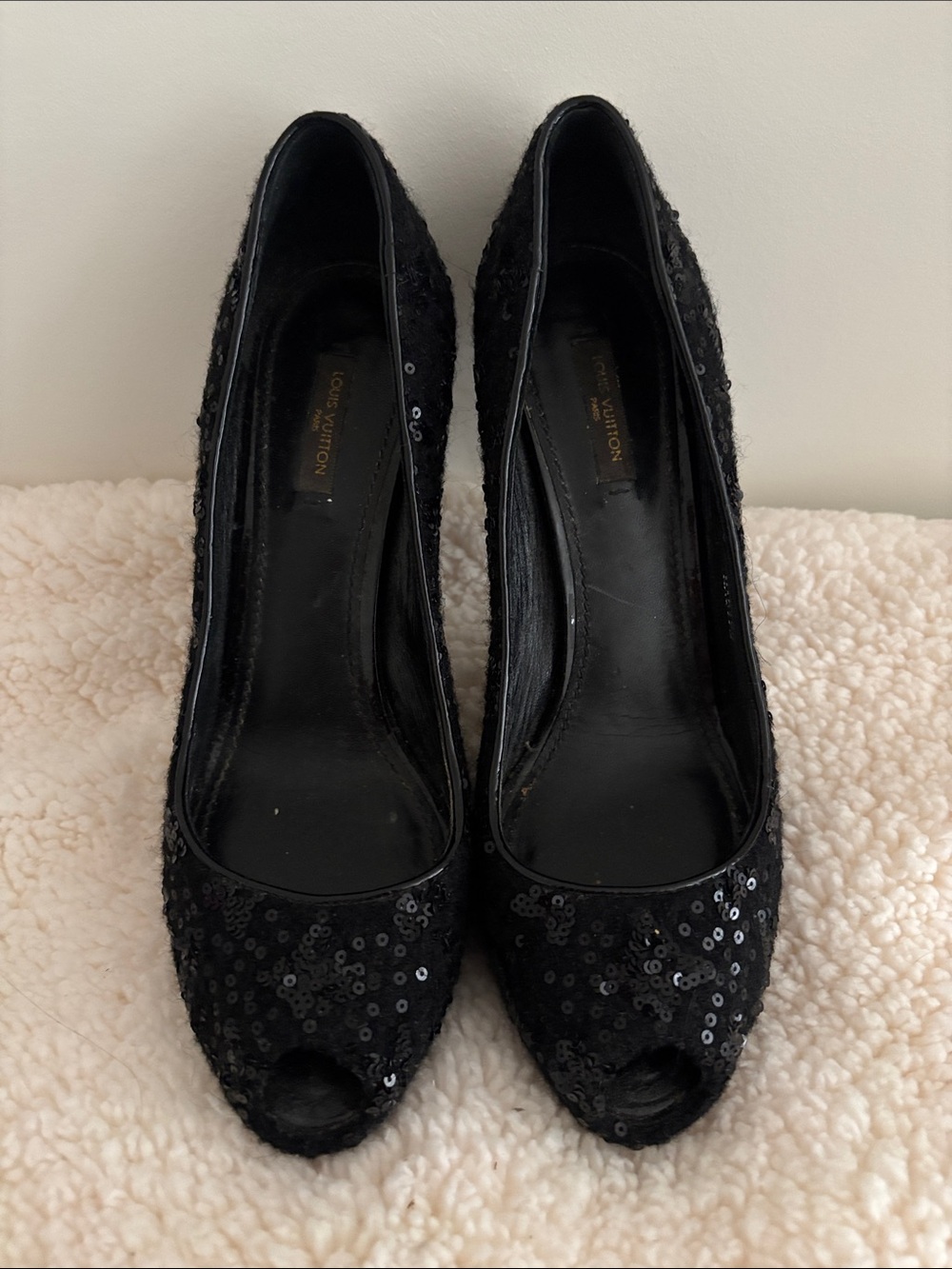 Louis Vuitton Black Sequin Stiletto Pumps with Silver Lock Detail - Picture 3 of 4